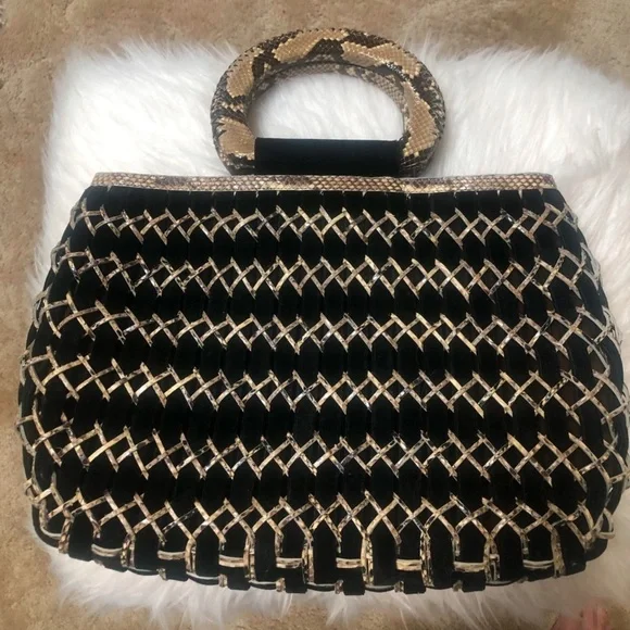 LUXURY PYTHON SNAKESKIN NANCY GONZALES BASKETWEAVE VELVET CLASSIC PURSE TOTE BAG - Picture 4 of 14